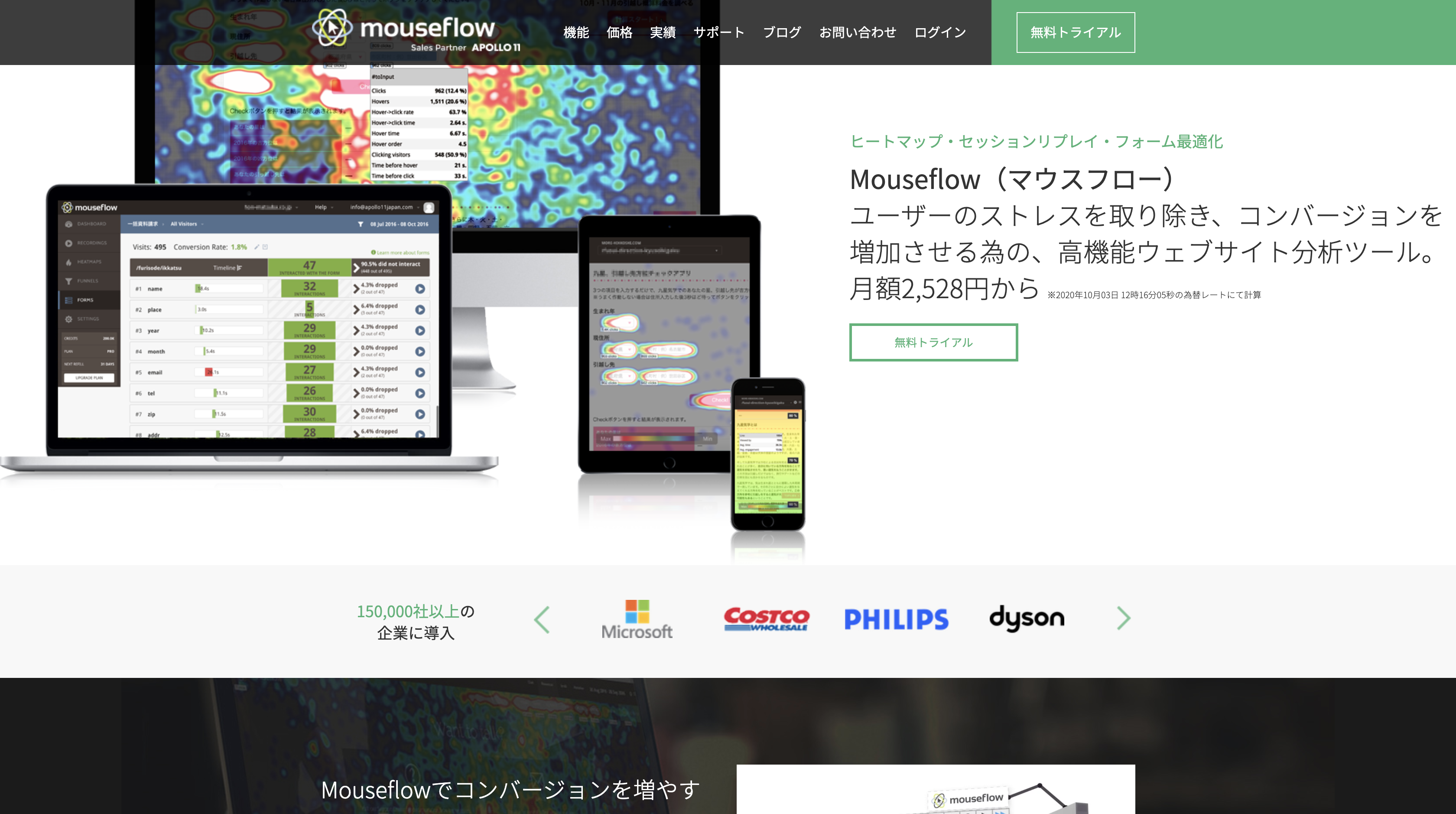 Webサイトのヒートマップ分析やフォーム分析ができるツール【mouseflow】